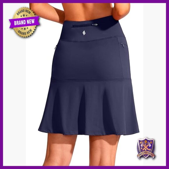 Pants - Women's High Waist Athletic Skort with Zipper Pockets Knee Length